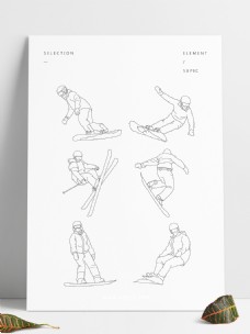 冬季旅游滑雪简约线条剪影插画