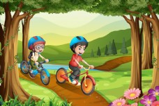 儿童运动卡通儿童和自行车运动