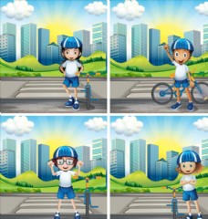 卡通儿童和自行车运动