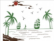 树木椰子树帆船太阳
