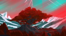 彩色大树群山风景插画