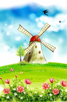 春天风景手绘卡通绿色春天风车海报背景