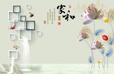 新中式浮雕荷花电视背景墙