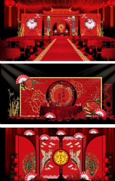 高端时尚红色大气中式婚礼舞台背景