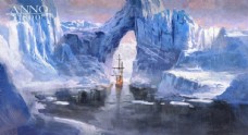彩色风景冰山帆船插画